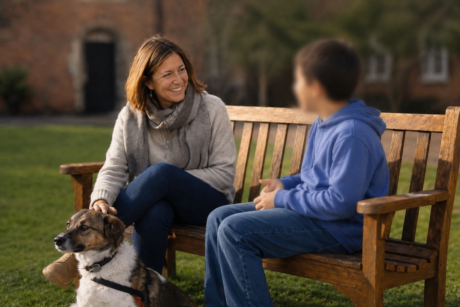 An outdoor counselling conversation on a bench with a young person whose face is anonymised, and a dog nearby